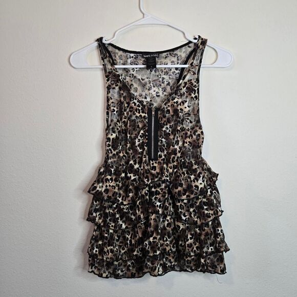 Wet Seal 2000s Y2K Cheetah Animal Sheer Peplum Flare Ruffle Zipper Blouse Small - Picture 1 of 5